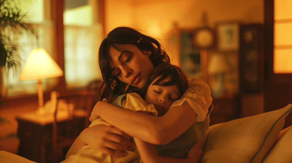 A woman sits on her couch holding a younger version herself representing reparenting yourself.