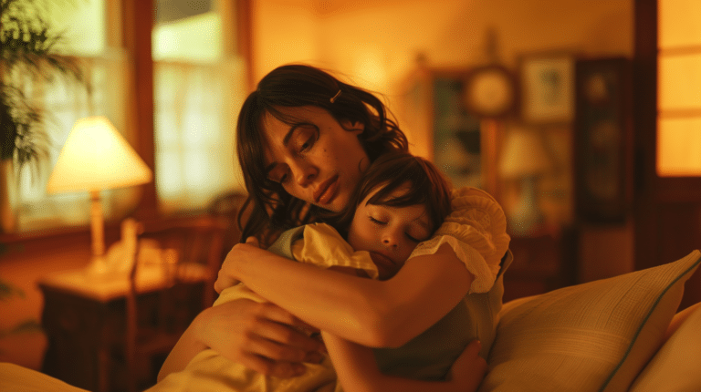 A woman sits on her couch holding a younger version herself representing reparenting yourself.