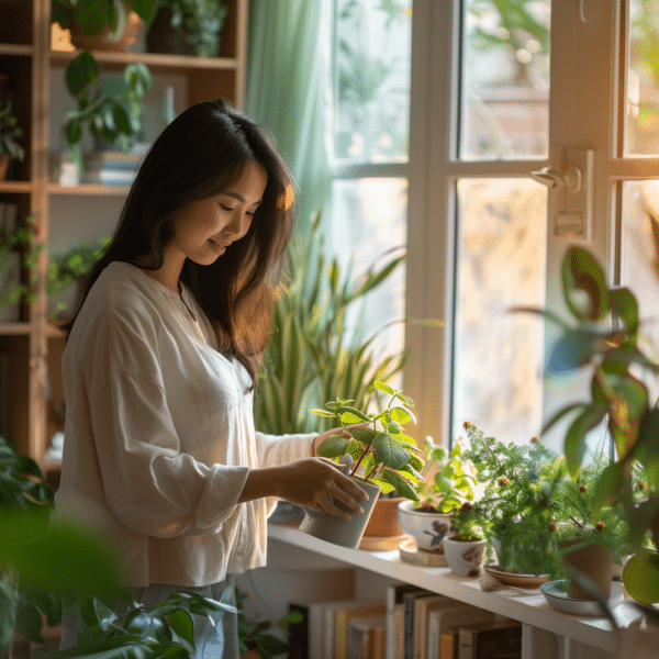A therapist waters her plants by the window representing Therapy for Therapists-Preventing Burnout Through Personal Growth and Self-Care.