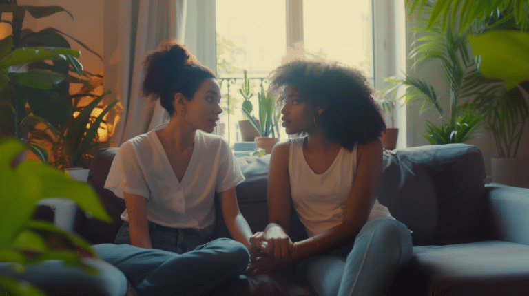 Two female friends sit on the couch having a serious conversation representing Toxic Friends: When it's time to let go.