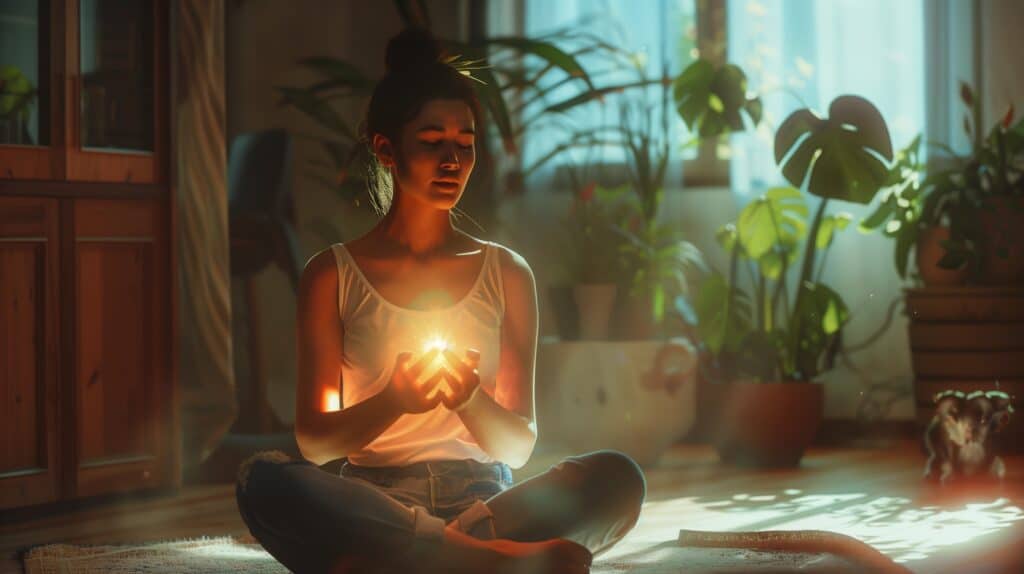 a woman sits cross legged with her heart glowing representing intutitve thought vs inner knowing vs anxiety