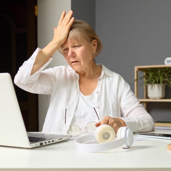 A therapist facepalms while sitting at her desk in front of her computer representing 5 common therapist mistakes that could derail your practice.