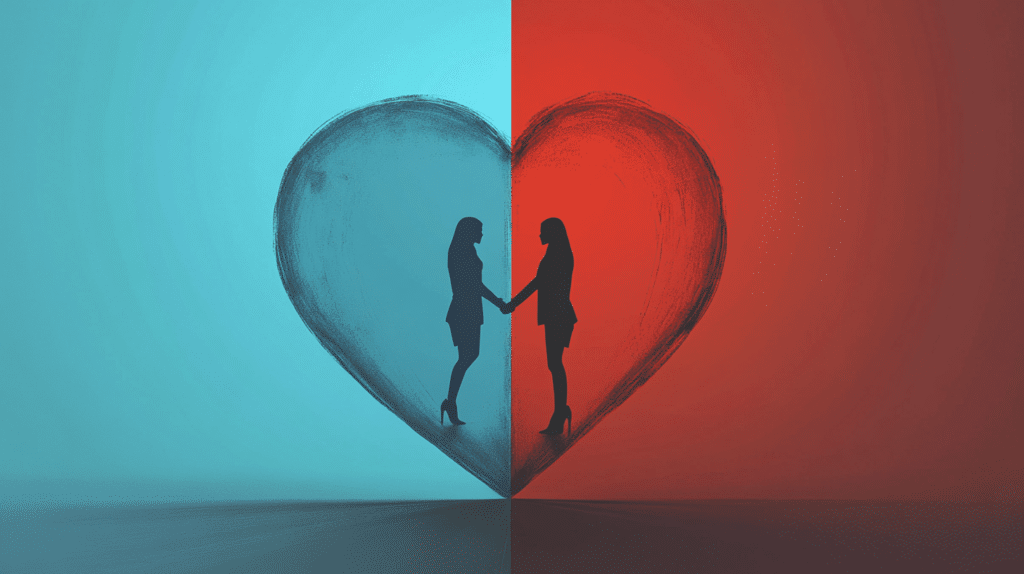 Two women stand inside each half of a heart. One side is blue the other side is red. They're holding hands representing Politics in Love: How to Stay Connected When You Disagree on...Everything
