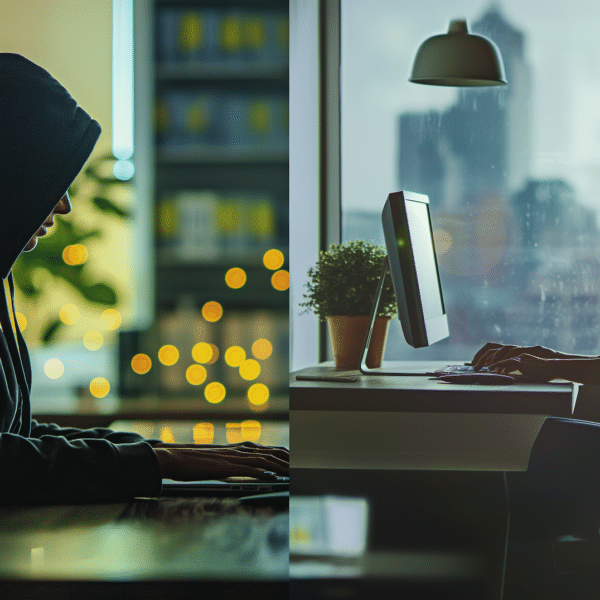 A split screen photo with a scammer typing on his computer on one side and a therapists sitting at her computer typing on hers representing scams targeting therapists.