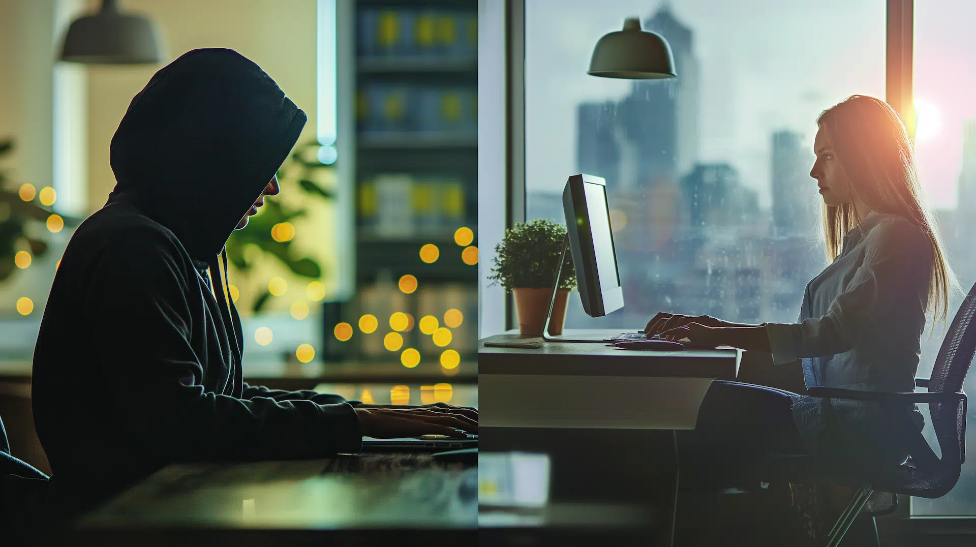 A split screen photo with a scammer typing on his computer on one side and a therapists sitting at her computer typing on hers representing scams targeting therapists.