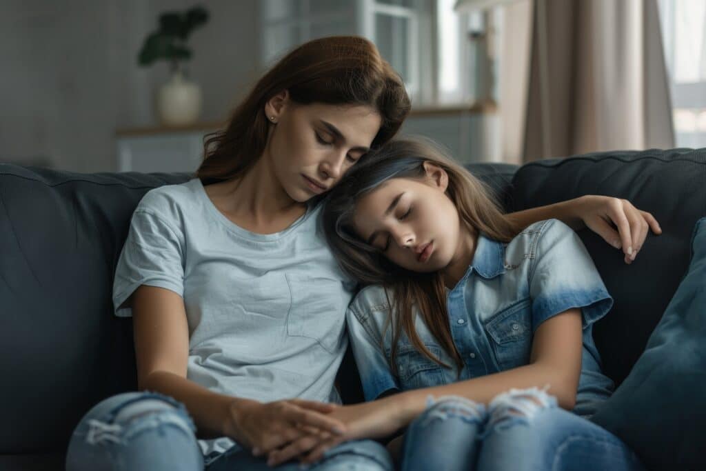 A woman sits on a couch hugging her inner child representing Loving All Parts of Yourself: Understanding Internal Family Systems with Dr. Dick Schwartz.