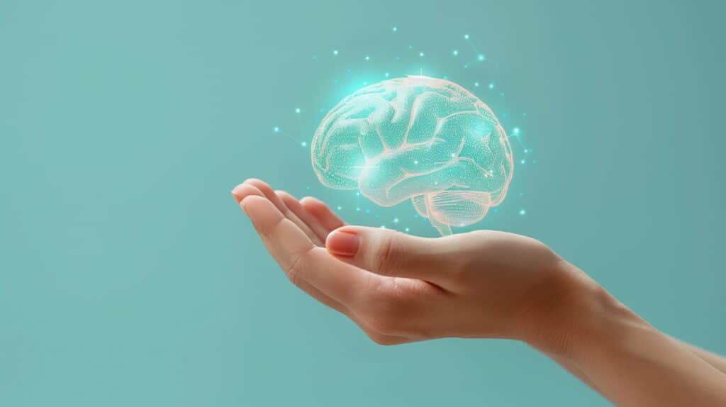 A woman holding a super power brain in her hands representing the upside to ADHD: unlock your superpowers.