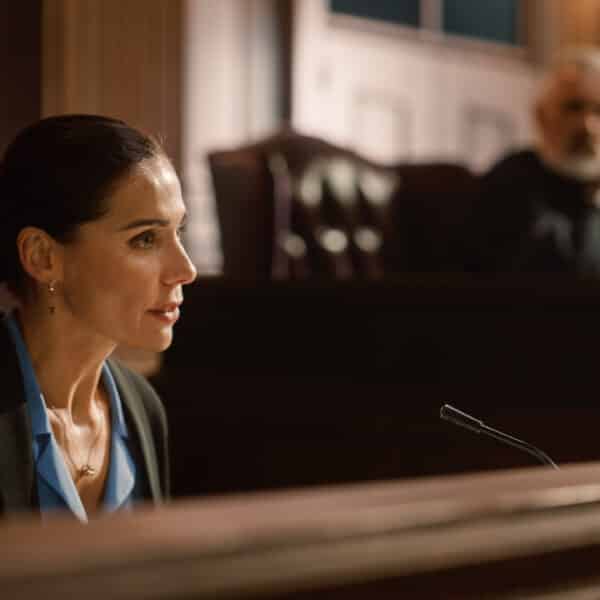 A female therapist on the stand during a trial representing Subpoenaed as a Therapist: How to Stay Legal, Ethical, and Sane.