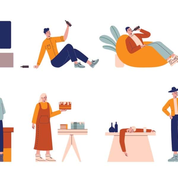 Illustration of people with multiple types of addictions representing "Am I Addicted?" Overcoming the Invisible “Fixes” That Keep You Stuck