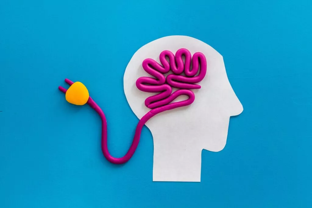 Graphic of a person's head with their brain being depicted by an electrical cord representing Rewiring Mental Health from the Inside Out with Metabolic Psychiatry (mind and energy psychiatry)
