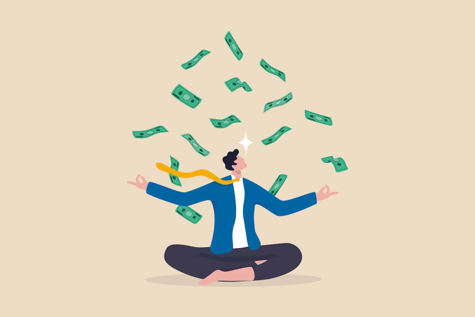 A therapist sits in a zen way with money floating around him representing What Therapists Need to Know About Financial Therapy