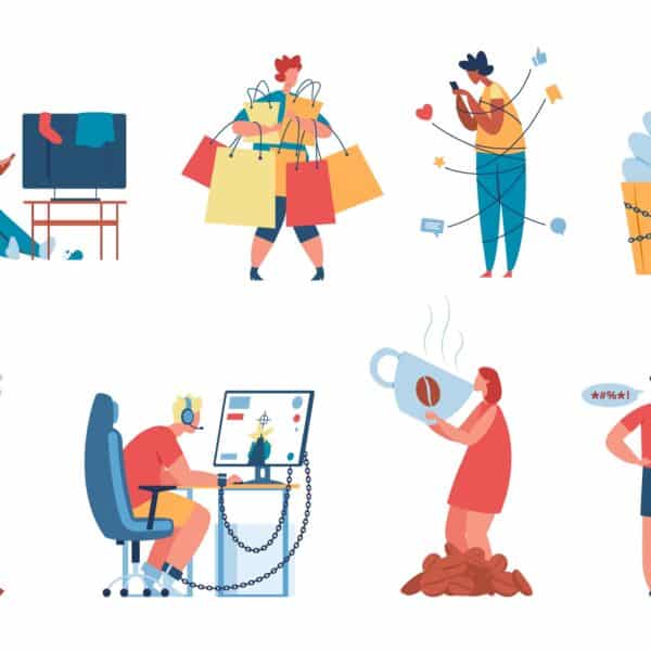 Illustration of people with multiple types of bad habits representing Your Brain on Autopilot: How to Spot (and Stop) Common Bad Habits