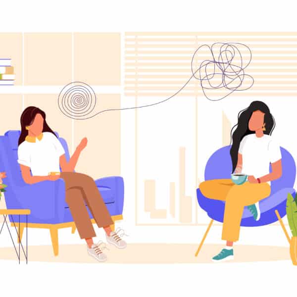 An illustration of a therapist talking to a client representing How To Start a Private Therapy Practice.