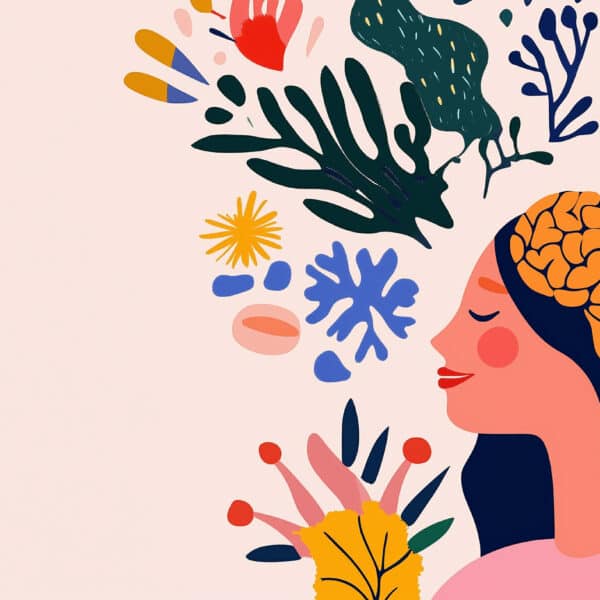 An illustration of a woman and her brain surrounded by plants representing applying the principles of positive psychology and well-being in therapy sessions
