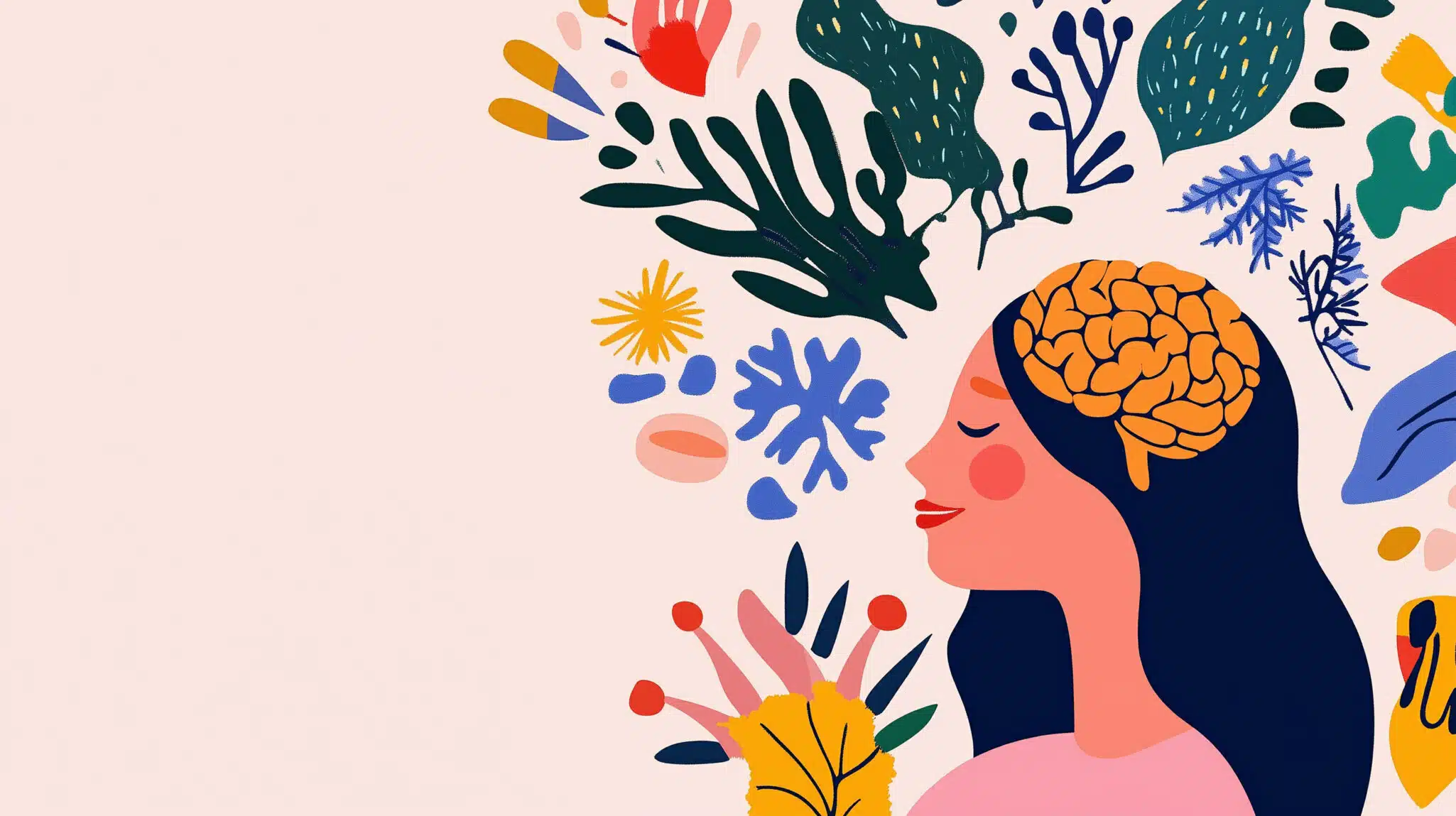 An illustration of a woman and her brain surrounded by plants representing applying the principles of positive psychology and well-being in therapy sessions