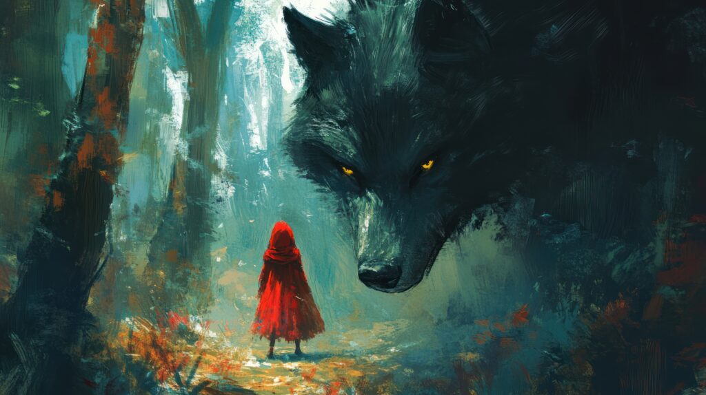Little Red Riding Hood stands and faces the giant wolf that's been chasing her representing ‘I’m Not Enough’: Transform Your Fears into Alignment & Purpose
