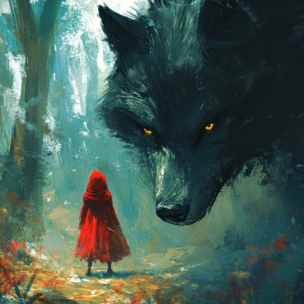 Little Red Riding Hood stands and faces the giant wolf that's been chasing her representing ‘I’m Not Enough’: Transform Your Fears into Alignment & Purpose