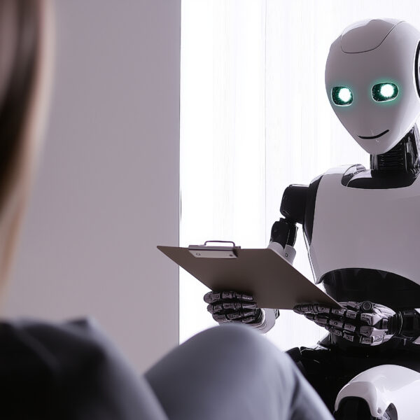 An AI robots acts as a therapists in a session with a client representing AI, Ethics, and Therapy: What Clinicians Need to Know Right Now