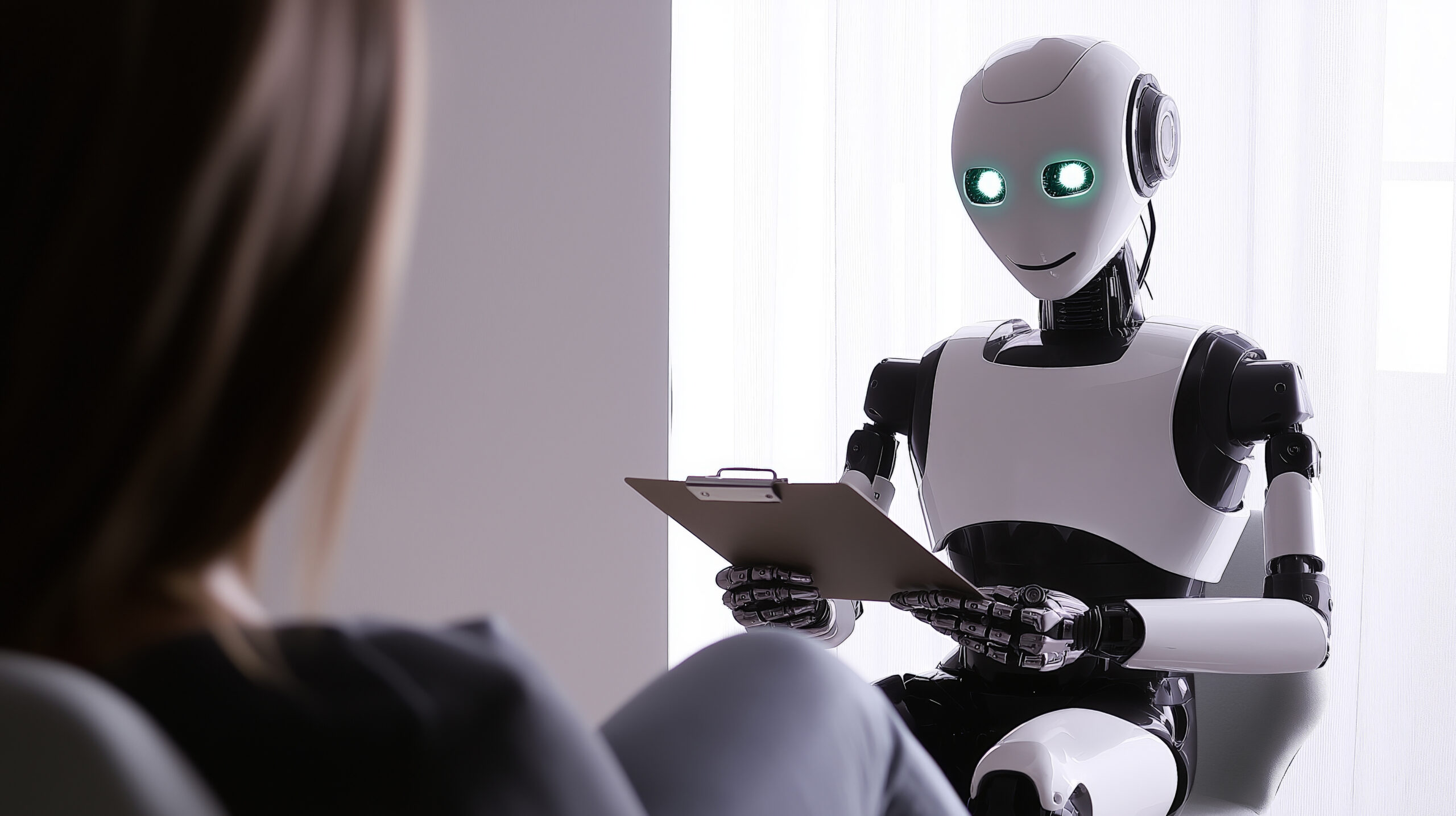 An AI robots acts as a therapists in a session with a client representing AI, Ethics, and Therapy: What Clinicians Need to Know Right Now