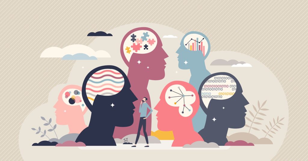 Illustration of diverse human heads with brain patterns symbolizing Dr. Dan Siegel’s patterns of personality in therapy
