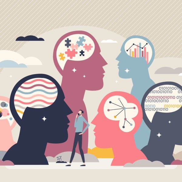 Illustration of diverse human heads with brain patterns symbolizing Dr. Dan Siegel’s patterns of personality in therapy