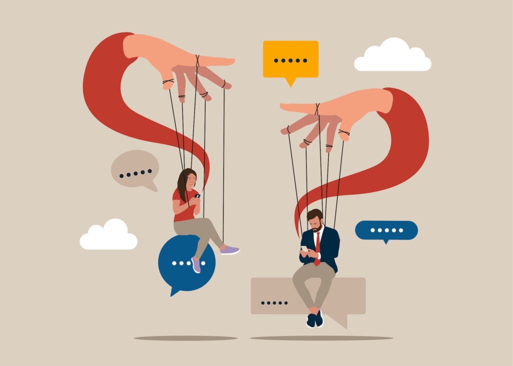 Illustration of two people using smartphones controlled by puppet strings, symbolizing invisible influence and manipulation through technology and social media.