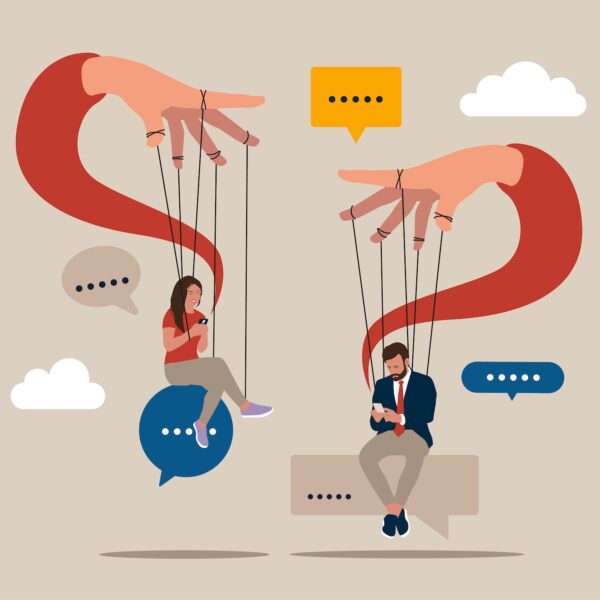 Illustration of two people using smartphones controlled by puppet strings, symbolizing invisible influence and manipulation through technology and social media.
