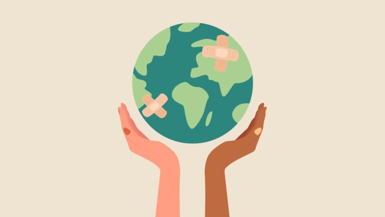 Two hands of different skin tones holding up the Earth with bandages, symbolizing healing political communication and bridging differing values and beliefs.