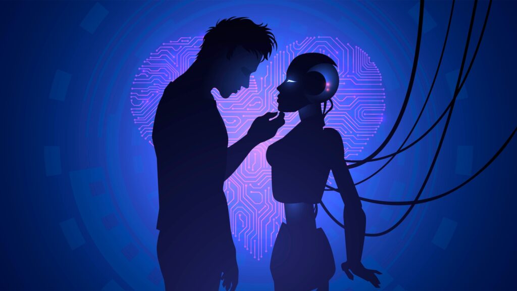 A silhouetted human and a humanoid robot face each other closely, highlighting the emotional nature of AI relationships against a glowing digital circuit-heart background.