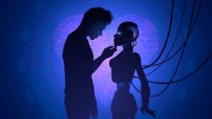 A silhouetted human and a humanoid robot face each other closely, highlighting the emotional nature of AI relationships against a glowing digital circuit-heart background.