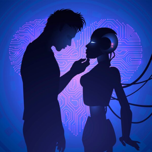 A silhouetted human and a humanoid robot face each other closely, highlighting the emotional nature of AI relationships against a glowing digital circuit-heart background.