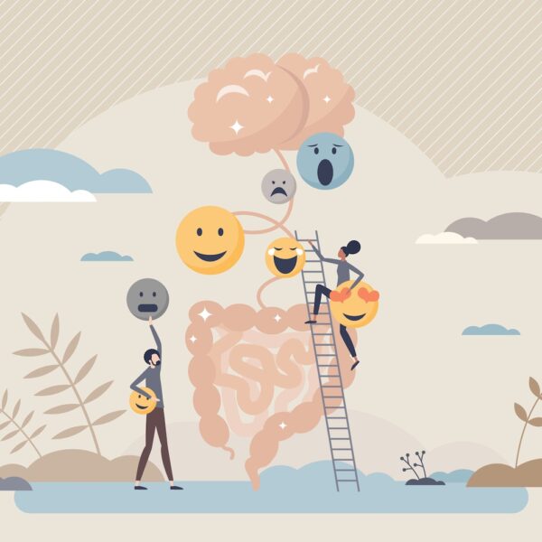 Illustration of the gut–brain connection showing how emotions and mental health are linked through physiological psychology.