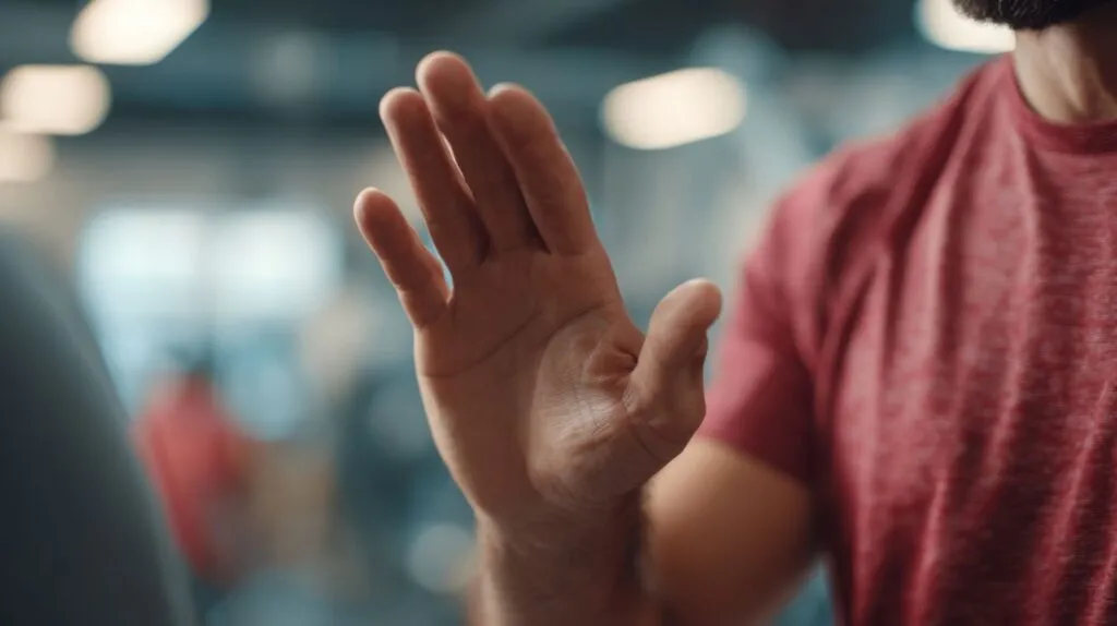 Person raising an open hand in a stop gesture, symbolizing setting boundaries without guilt and saying no to prevent burnout.