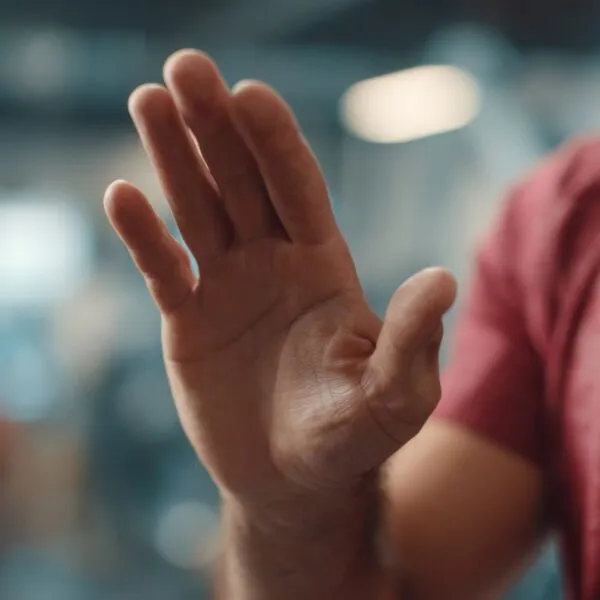 Person raising an open hand in a stop gesture, symbolizing setting boundaries without guilt and saying no to prevent burnout.