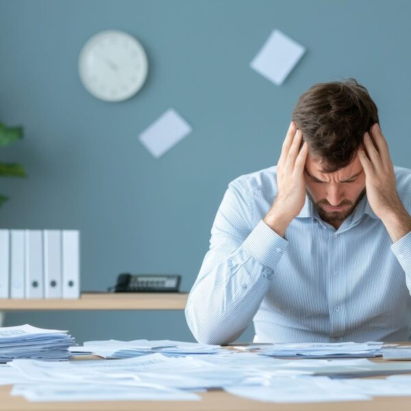 Stressed private practice therapist reviewing paperwork and financial documents at desk, symbolizing business and salary overwhelm in private practice therapy.