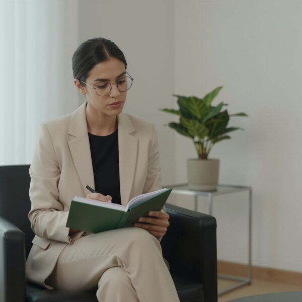 Therapist writing in a notebook while seated in a modern office, reflecting on career planning and building a sustainable therapy practice.
