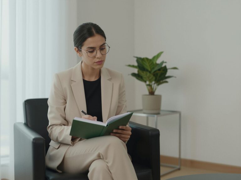 Therapist writing in a notebook while seated in a modern office, reflecting on career planning and building a sustainable therapy practice.