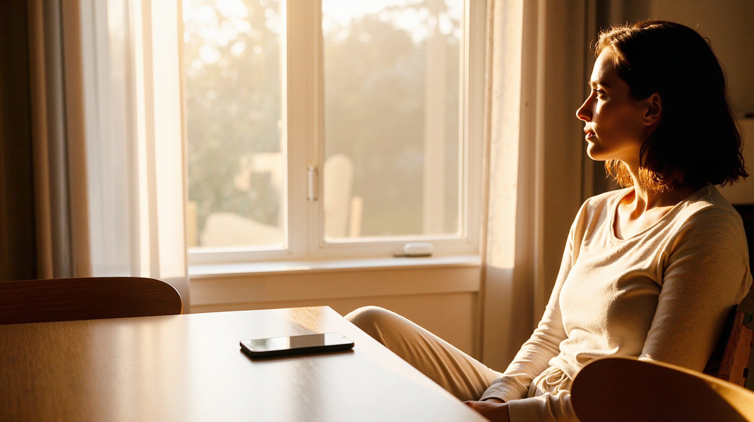 Woman sitting at a table near a window, looking thoughtfully outside with her phone resting nearby, reflecting quietly.