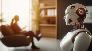 AI therapy concept image showing a humanoid robot in a therapy office with a blurred person speaking in the background.