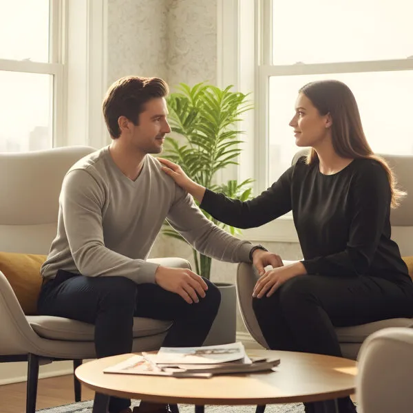 Two people sitting face-to-face in a bright counseling office, illustrating secure attachment, trust, and emotional safety in relationships.