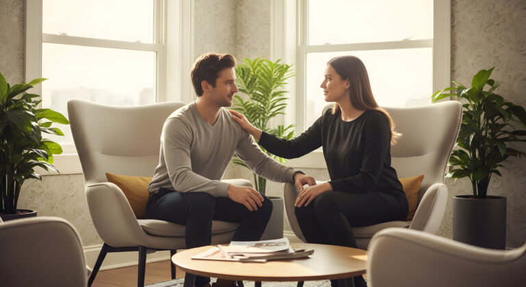 Two people sitting face-to-face in a bright counseling office, illustrating secure attachment, trust, and emotional safety in relationships.